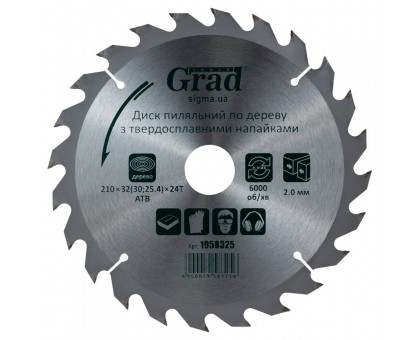 Диск пильный по дереву с твердосплавными напайками 210×32(30;25.4)×24T GRAD (1958325)